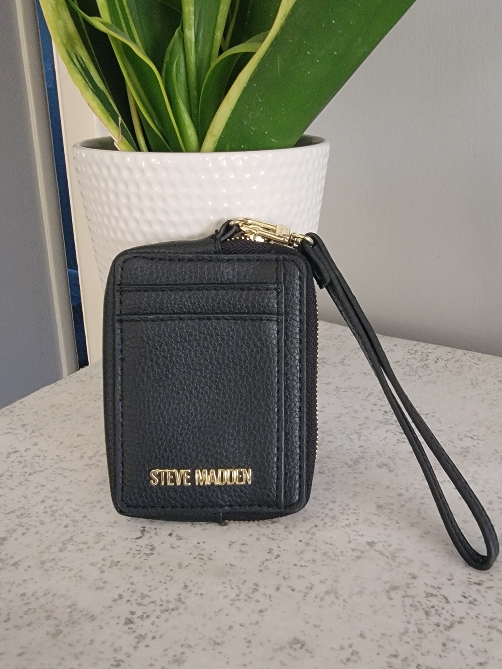 Steve Madden Black Leather Zip Card Wristlet with Gold Logo